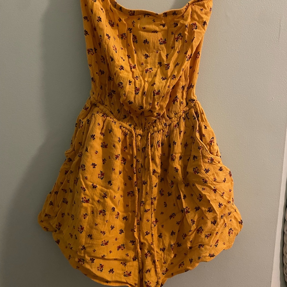 Floral and Yellow Strapless Romper